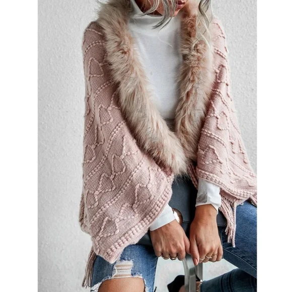 Faux Fur Pink Textured Knit Open Cardigan - Picture 2 of 11